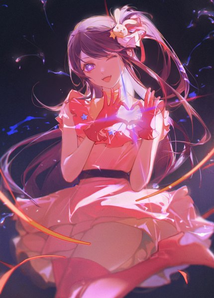 Anime picture 2618x3652 with oshi no ko hoshino ai (oshi no ko) gjygyao single long hair tall image looking at viewer highres open mouth standing purple eyes purple hair one eye closed wink high heels one side up symbol-shaped pupils standing on one leg ;d heart hands