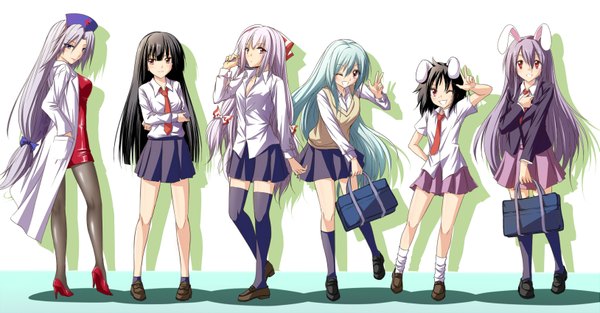 Anime picture 1627x850 with touhou reisen udongein inaba houraisan kaguya kamishirasawa keine inaba tewi yagokoro eirin man arihred (artist) long hair short hair black hair red eyes wide image multiple girls brown eyes blue hair purple hair white hair bunny ears bunny girl group