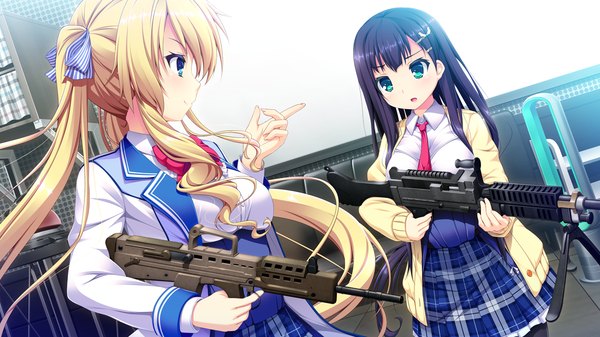 Anime picture 1280x720 with harvest overray giga ouno sumi mikami lilia long hair open mouth blue eyes black hair blonde hair wide image twintails multiple girls game cg girl uniform bow weapon 2 girls hair bow school uniform