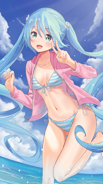 Anime picture 1156x2055 with vocaloid hatsune miku bibboss39 single tall image blush fringe breasts open mouth light erotic hair between eyes standing twintails sky cleavage cloud (clouds) bent knee (knees) outdoors very long hair :d