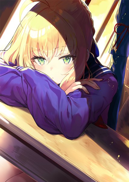 Anime picture 713x1000 with fate (series) fate/hollow ataraxia capsule servant artoria pendragon (all) saber master artoria miruto netsuki single tall image looking at viewer blush fringe short hair open mouth blonde hair hair between eyes green eyes payot ahoge indoors
