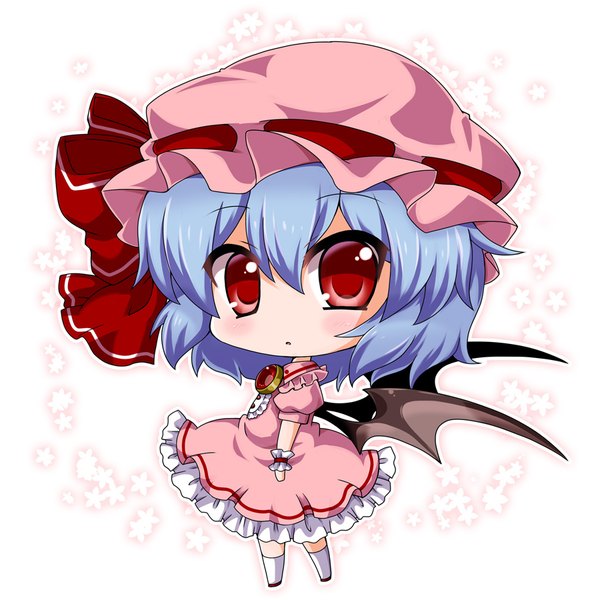 Anime picture 900x900 with touhou remilia scarlet noai nioshi single looking at viewer blush fringe short hair simple background hair between eyes red eyes standing white background blue hair full body ahoge looking back short sleeves puffy sleeves chibi