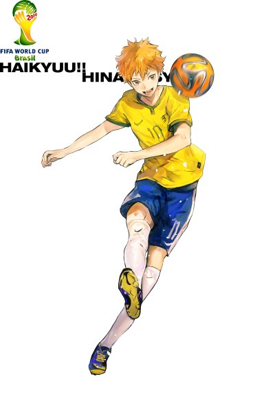 Anime picture 800x1200 with haikyuu!! production i.g nike world cup 2014 fifa world cup hinata shouyou zis (artist) single tall image looking at viewer short hair open mouth simple background white background yellow eyes orange hair copyright name character names football boy