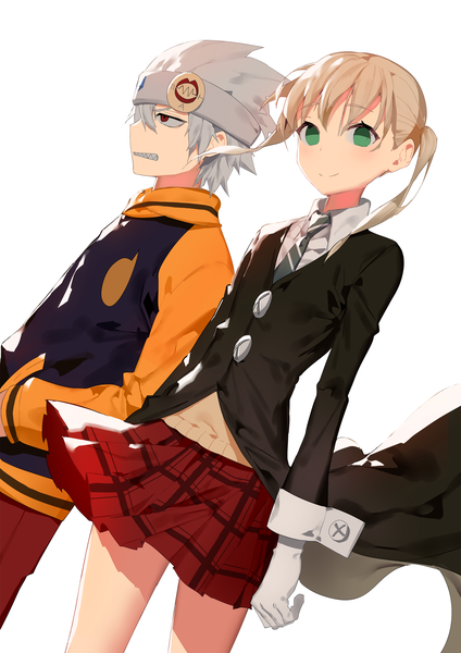 Anime picture 1500x2121 with soul eater studio bones maka albarn soul eater evans ronopu long hair tall image looking at viewer fringe blonde hair smile red eyes standing twintails green eyes looking away grey hair plaid skirt hands in pockets plaid