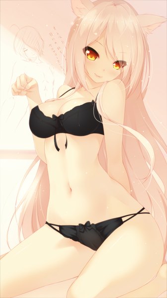 Anime-Bild 900x1600 mit bakemonogatari nekomonogatari shaft (studio) monogatari (series) hanekawa tsubasa black hanekawa shokuyou mogura long hair tall image blush light erotic animal ears yellow eyes white hair cat ears midriff cat girl underwear only girl navel