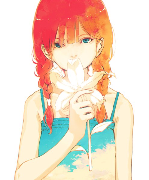 Anime picture 1452x1756 with original minamito single long hair tall image looking at viewer fringe blue eyes simple background white background bare shoulders upper body red hair braid (braids) twin braids covered mouth sky print girl flower (flowers) lily (flower)