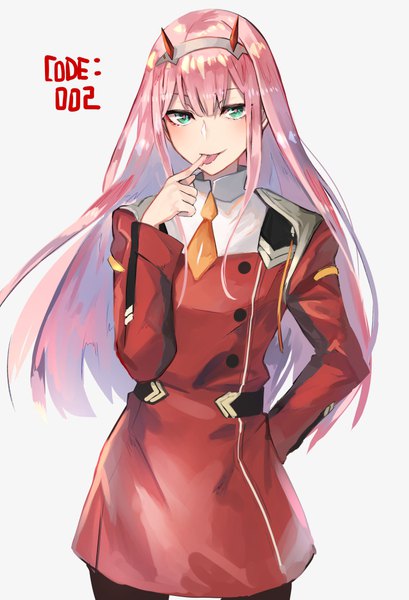 Anime picture 700x1026 with darling in the franxx studio trigger zero two (darling in the franxx) kgr single long hair tall image looking at viewer fringe simple background hair between eyes standing white background green eyes pink hair horn (horns) hand on hip girl tongue