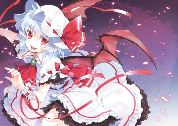 Anime picture 1500x1065 with touhou remilia scarlet mottsun short hair red eyes girl dress ribbon (ribbons) hat wings blood