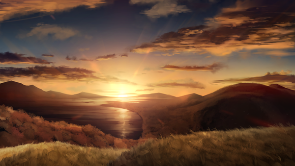Anime picture 1280x724 with original nagishiro mito wide image cloud (clouds) evening sunset horizon mountain no people landscape lake hill plant (plants) grass