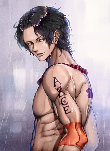 Anime picture 885x1220 with one piece toei animation portgas d. ace yumiyokiak single tall image short hair black hair smile brown eyes upper body parted lips looking back wet tattoo topless rain muscle freckles boy