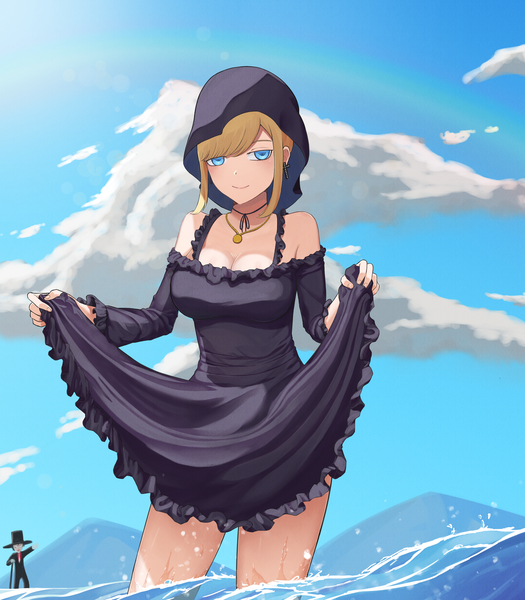 Anime picture 3500x4000 with shinigami bocchan to kuro maid alice (shinigami bocchan to kuro maid) bocchan (shinigami bocchan to kuro maid) palmito long hair tall image looking at viewer fringe highres breasts blue eyes blonde hair smile standing bare shoulders payot absurdres sky cleavage cloud (clouds)