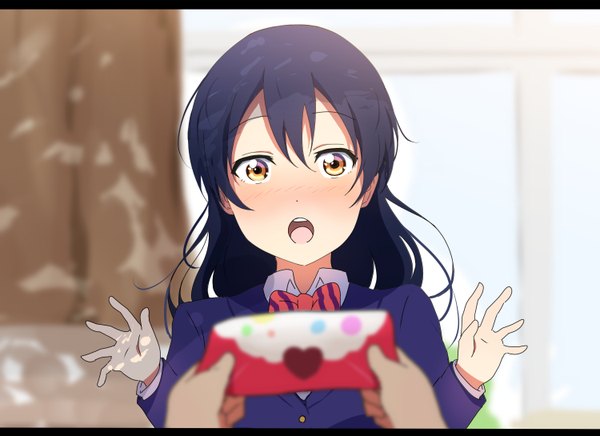 Anime picture 1500x1090 with love live! school idol project sunrise (studio) love live! sonoda umi icehotmilktea long hair blush fringe open mouth blue eyes hair between eyes holding yellow eyes head tilt blurry arms up depth of field surprised girl uniform