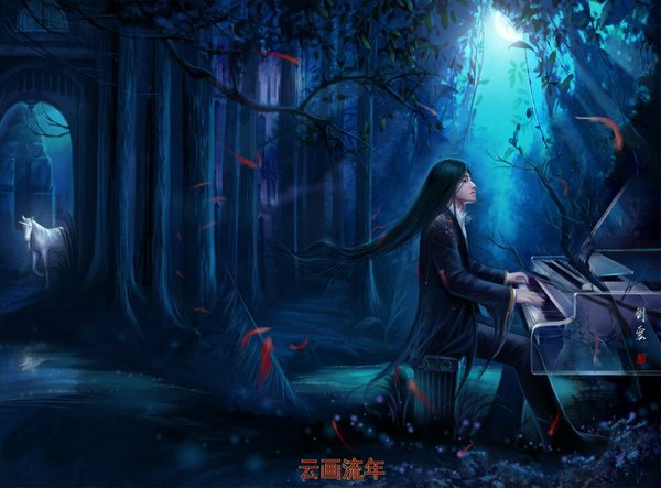 Anime picture 1024x757 with hiliuyun (artist) long hair black hair eyes closed realistic night boy plant (plants) animal petals tree (trees) moon piano unicorn