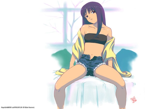 Anime picture 1280x960 with to heart kurusugawa ayaka single long hair light erotic white background sitting bare shoulders looking away purple hair open clothes bare legs spread legs open shirt wallpaper open shorts girl navel shorts window