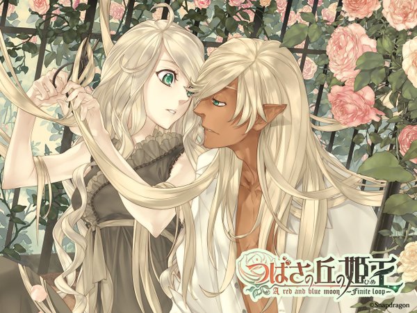 Anime picture 1280x960 with tsubasa no oka no hime: a red and blue moon - finite loop tees finvarra vivian long hair fringe open mouth blonde hair green eyes silver hair profile sunlight inscription open clothes open shirt copyright name dark skin wavy hair face to face girl dress