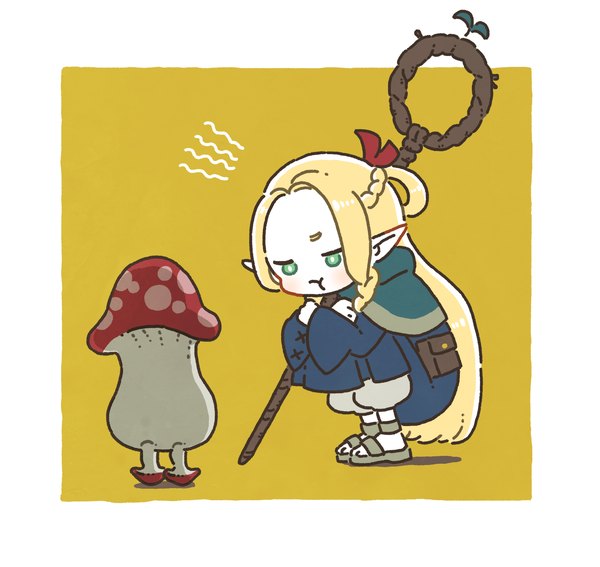 Anime picture 1447x1368 with dungeon meshi studio trigger marcille donato walking mushroom (dungeon meshi) hori00 single long hair simple background blonde hair green eyes full body pointy ears squat half updo yellow background :t girl staff mushroom (mushrooms)