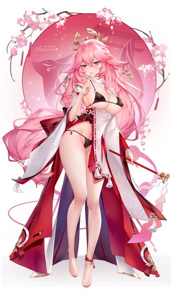 Anime picture 4208x7312 with genshin impact yae miko melailai single tall image looking at viewer blush fringe highres breasts light erotic standing purple eyes holding signed animal ears pink hair absurdres full body very long hair