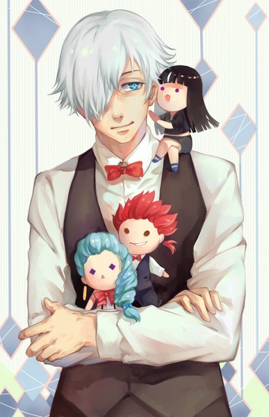 Anime picture 1008x1562 with death parade madhouse decim (death parade) kurokami no onna nona (death parade) ginti duximeng long hair tall image fringe short hair blue eyes black hair smile standing sitting purple eyes multiple girls brown eyes blue hair