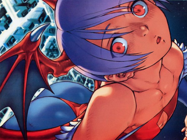 Anime picture 1024x768 with dark stalkers vampire / darkstalkers (game) capcom lilith aensland light erotic wallpaper flat chest head wings