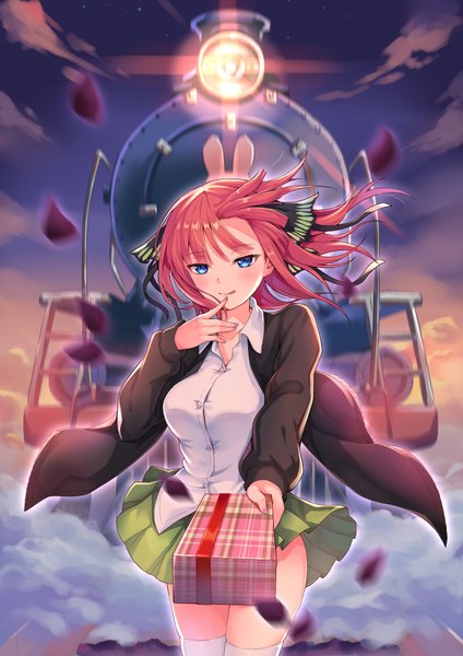 Anime picture 2480x3507 with go-toubun no hanayome nakano nino da-cart single tall image looking at viewer blush fringe highres short hair blue eyes standing holding pink hair cloud (clouds) pleated skirt wind night open jacket two side up