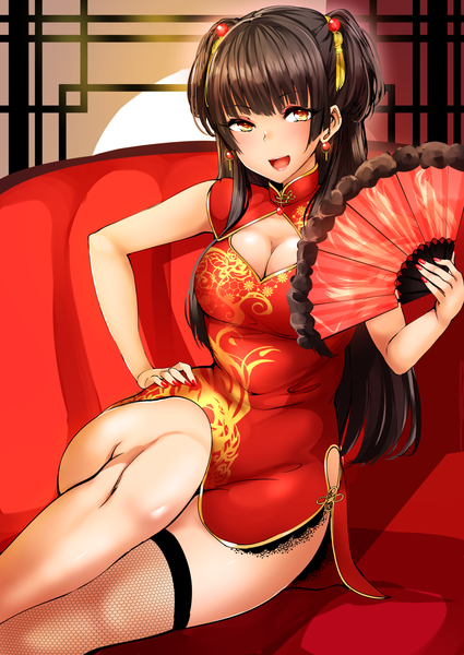 Anime picture 2006x2833 with idolmaster idolmaster shiny colors mayuzumi fuyuko agetama single long hair tall image looking at viewer blush fringe highres breasts open mouth light erotic black hair smile sitting holding brown eyes cleavage