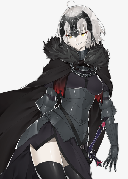 Anime picture 874x1219 with fate (series) fate/grand order jeanne d'arc (fate) (all) jeanne d'arc alter (fate) sino42 single tall image short hair smile yellow eyes looking away silver hair ahoge fur trim girl thighhighs weapon black thighhighs sword armor