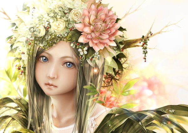 Anime picture 2686x1900 with original bouno satoshi single long hair looking at viewer highres blue eyes brown hair hair flower realistic girl hair ornament flower (flowers)