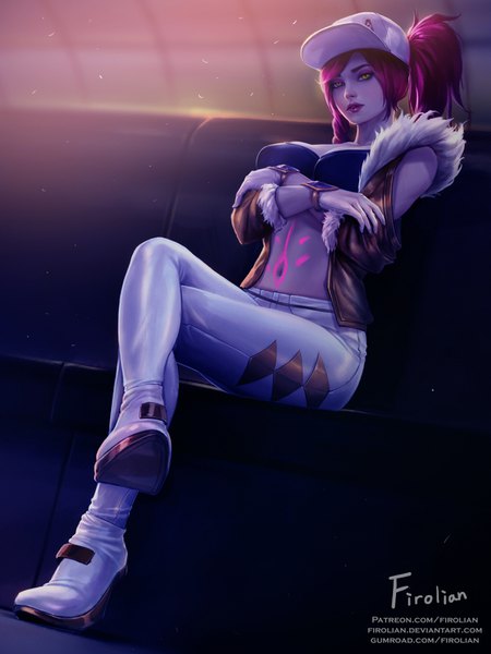 Anime picture 1200x1600 with league of legends akali (league of legends) k/da akali firolian single tall image short hair light erotic sitting signed yellow eyes payot looking away full body ponytail red hair indoors realistic open jacket bare belly