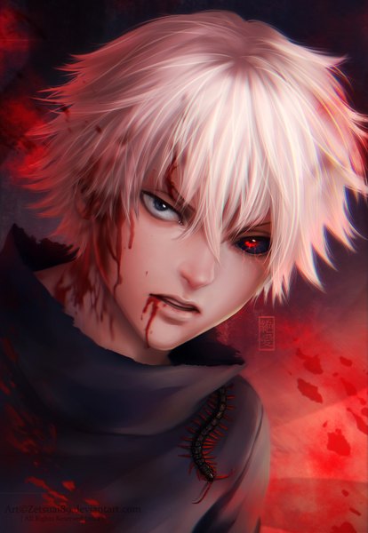 Anime picture 1156x1676 with tokyo ghoul studio pierrot kaneki ken zetsuai89 single tall image short hair red eyes sky white hair lips black eyes realistic heterochromia close-up face black sclera red sky boy insect
