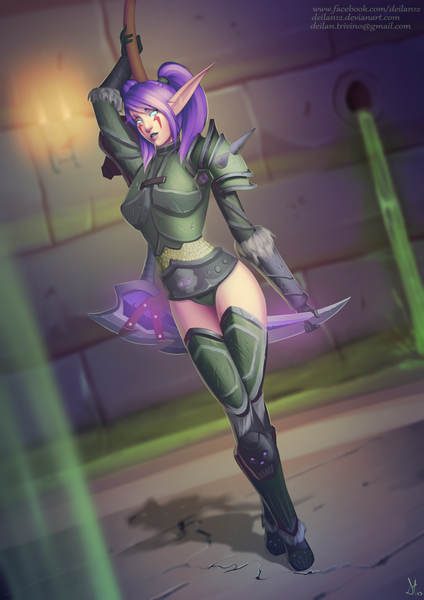 Anime picture 877x1240 with world of warcraft blizzard entertainment blood elf deilan12 (artist) single tall image looking at viewer short hair blue eyes light erotic standing purple hair lips pointy ears lipstick girl weapon armor spaulder (spaulders) scythe