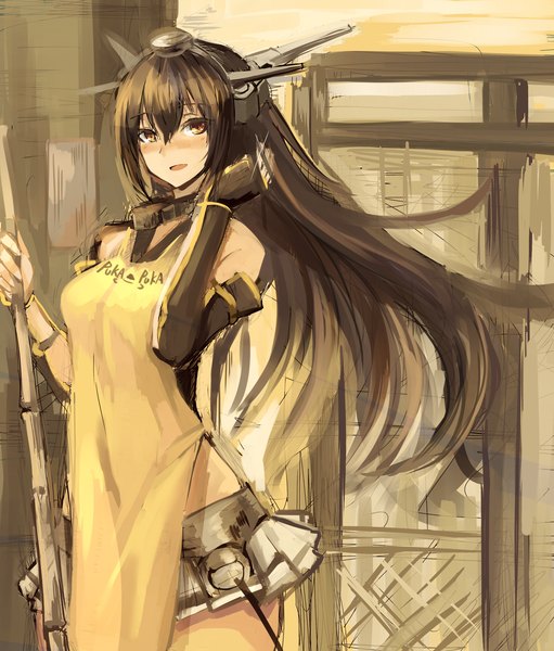 Anime picture 2300x2700 with kantai collection nagato battleship haik single long hair tall image looking at viewer blush highres open mouth smile brown hair standing bare shoulders brown eyes pleated skirt cleaning girl skirt detached sleeves