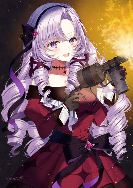 Anime picture 1191x1684 with virtual youtuber nijisanji hyakumantenbara salome hyakumantenbara salome (1st costume) myusha single long hair tall image blush open mouth purple eyes signed purple hair :d drill hair tress ribbon girl dress gloves ribbon (ribbons)