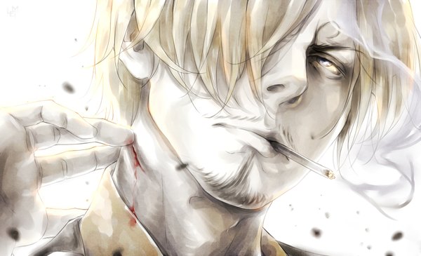 Anime picture 1619x985 with one piece toei animation sanji lorenamgrim single fringe short hair blonde hair simple background wide image white background purple eyes hair over one eye looking up smoke face smoking frown boy blood