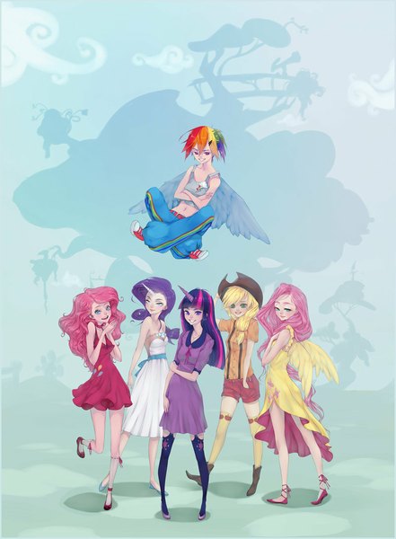 Anime picture 800x1087 with my little pony my little pony friendship is magic rainbow dash fluttershy twilight sparkle rarity applejack pinkie pie mariilear (artist) long hair tall image short hair blue eyes simple background blonde hair smile standing purple eyes bare shoulders multiple girls