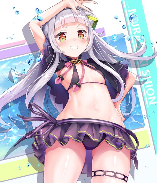 Anime picture 1200x1400 with virtual youtuber hololive murasaki shion murasaki shion (3rd costume) mogmog single long hair tall image fringe light erotic smile silver hair blunt bangs arm up orange eyes character names grin shiny skin official alternate costume groin