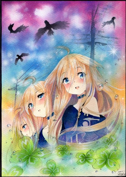 Anime picture 1064x1500 with vocaloid ia (vocaloid) mosho long hair tall image blush blue eyes blonde hair bare shoulders signed ahoge braid (braids) profile tears twin braids traditional media multiple persona watercolor (medium) girl animal