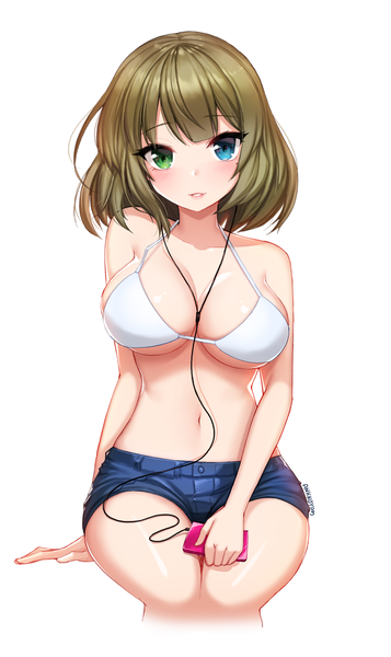 Anime picture 803x1350 with idolmaster idolmaster cinderella girls takagaki kaede ango single tall image looking at viewer blush short hair breasts light erotic simple background brown hair large breasts white background sitting signed head tilt heterochromia underboob