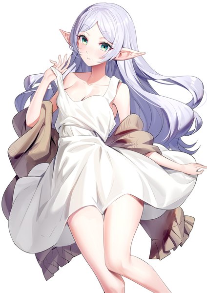 Anime picture 1000x1415 with sousou no frieren frieren ririko (zhuoyandesailaer) single long hair tall image looking at viewer blush breasts light erotic simple background standing white background bare shoulders green eyes cleavage silver hair pointy ears off shoulder elf