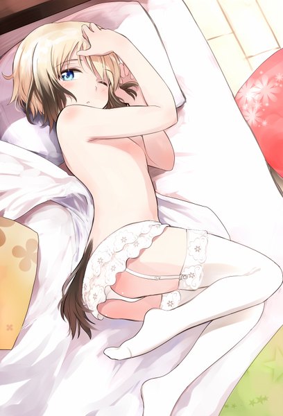 Anime picture 544x800 with strike witches erica hartmann tsuchii (ramakifrau) tall image blush fringe short hair breasts blue eyes light erotic blonde hair brown hair bare shoulders ass tail animal tail one eye closed bare belly underwear only flat chest
