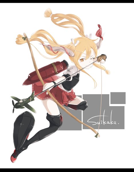 Anime picture 1239x1589 with kantai collection touhou ibuki suika zuikaku aircraft carrier crazyoton46 single long hair tall image simple background blonde hair smile white background twintails yellow eyes bent knee (knees) one eye closed horn (horns) mecha musume zuikaku aircraft carrier (cosplay) girl