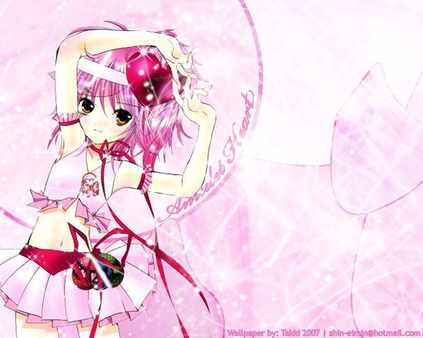 Anime picture 1280x1024 with shugo chara! hinamori amu amulet heart peach-pit single looking at viewer short hair signed yellow eyes pink hair light smile arms up wallpaper third-party edit girl heart egg easter egg