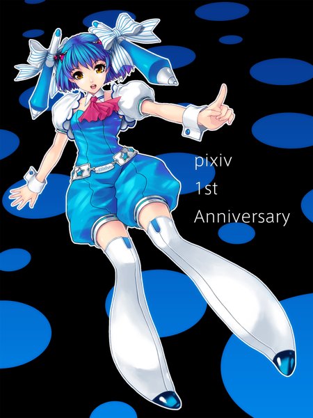 Anime picture 1350x1800 with original pixiv-tan kunishige keiichi single tall image short hair open mouth brown eyes blue hair inscription polka dot anniversary girl bow hair bow thigh boots neckerchief