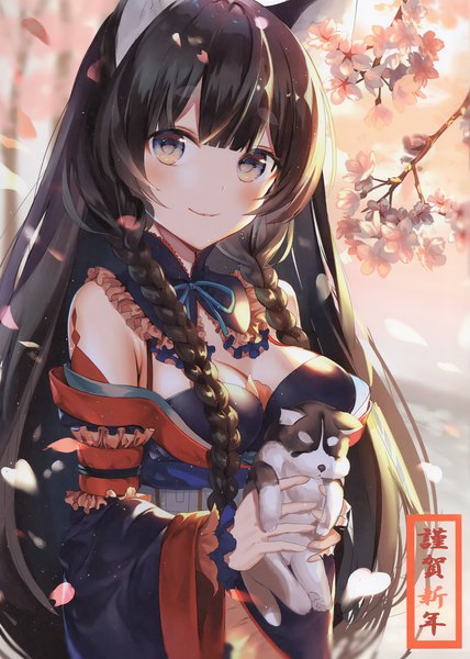 Anime picture 2110x2961 with original kouyafu single long hair tall image looking at viewer blush fringe highres breasts light erotic black hair smile hair between eyes holding animal ears cleavage braid (braids) traditional clothes japanese clothes