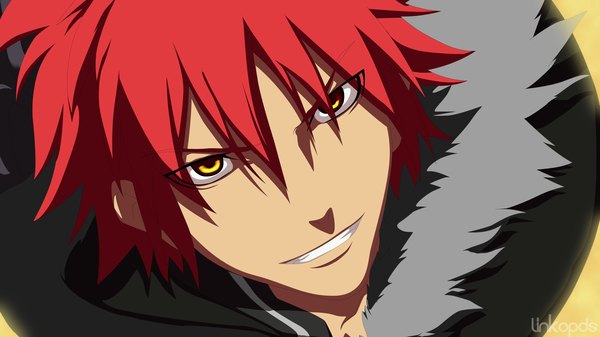 Anime picture 3334x1875 with aquarion (series) aquarion evol satelight kagura demuri linkonpds single highres short hair smile wide image yellow eyes red hair grin coloring portrait looking up face yellow background boy fur