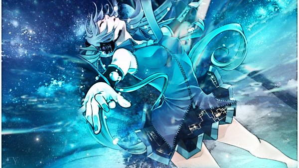 Anime picture 1600x900 with vocaloid hatsune miku tagme (artist) single long hair open mouth wide image twintails eyes closed very long hair nail polish profile pleated skirt barefoot aqua hair wallpaper sleeveless spread arms underwater space