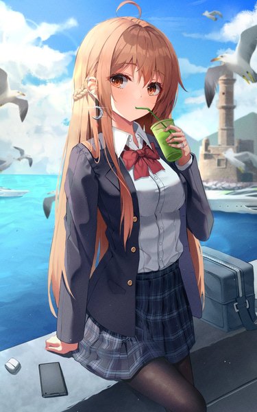 Anime picture 1014x1624 with original kerno single long hair tall image looking at viewer blush fringe hair between eyes brown hair sitting holding payot sky cloud (clouds) ahoge long sleeves pleated skirt sunlight orange eyes