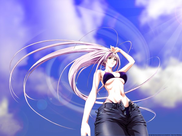 Anime picture 1600x1200 with tenjou tenge natsume maya tasaki satoshi single long hair breasts blue eyes light erotic large breasts sky cloud (clouds) ahoge parted lips floating hair underboob hand on head wide hips open pants girl navel