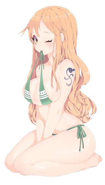 Anime picture 800x1409 with one piece toei animation nami (one piece) deathalice single long hair tall image looking at viewer blush breasts light erotic simple background smile large breasts white background sitting holding yellow eyes one eye closed barefoot