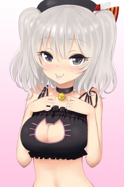 Anime picture 662x1000 with kantai collection kashima training cruiser kemu (pixiv463430) single long hair tall image looking at viewer blush breasts blue eyes light erotic cleavage silver hair girl tongue cat lingerie cat keyhole bra