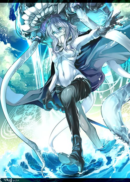 Anime picture 1000x1400 with kantai collection wo-class aircraft carrier rathke single long hair tall image blush breasts blue eyes light erotic large breasts looking away sky silver hair cloud (clouds) teeth wet torn clothes magic covered navel